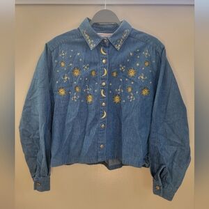 Vintage Embroidered Sun & Moons Denim Cropped Button Up - Size Small